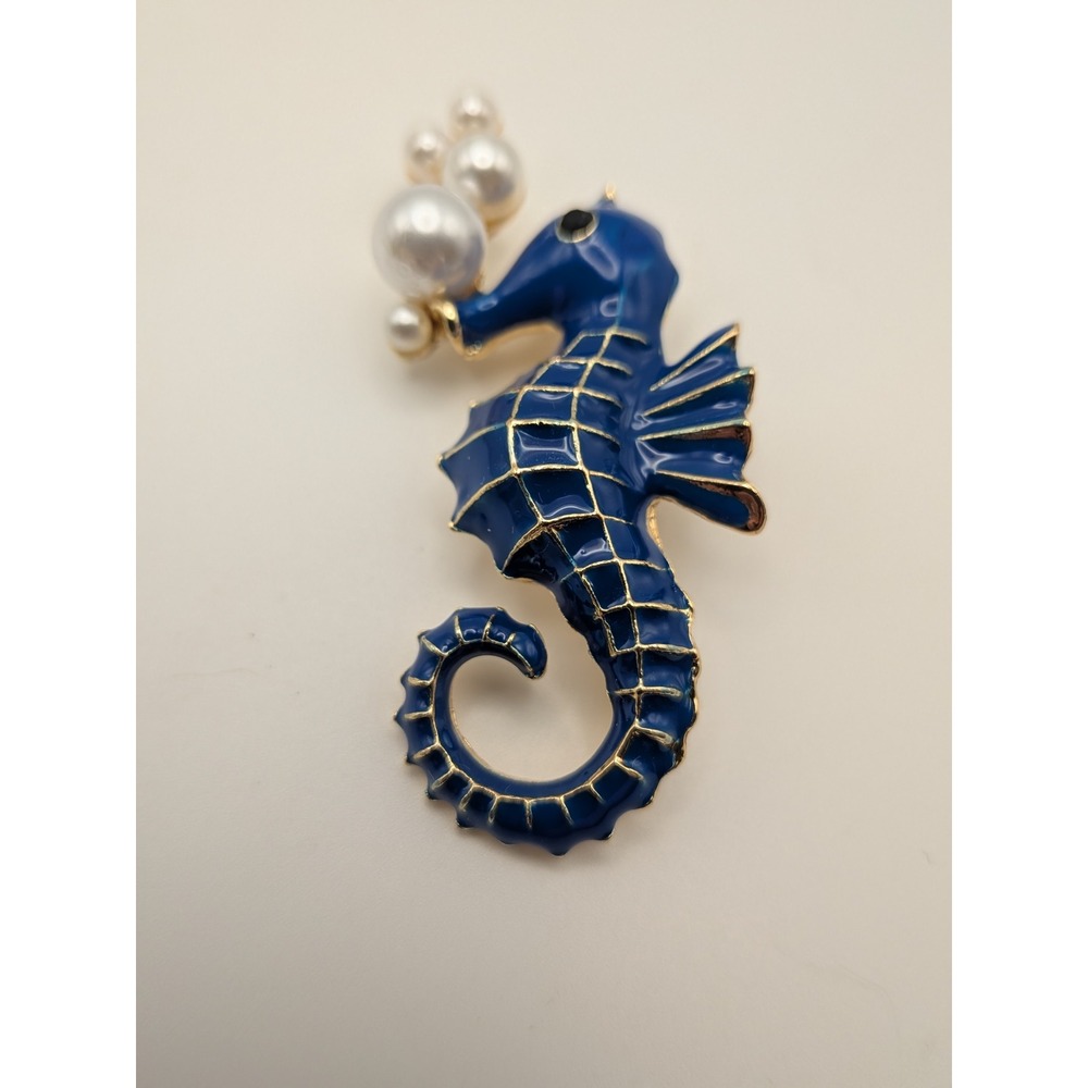 Blue Enamel Seahorse Brooch Gold Tone Faux Pearl Bubbles Nautical Coastal Pin